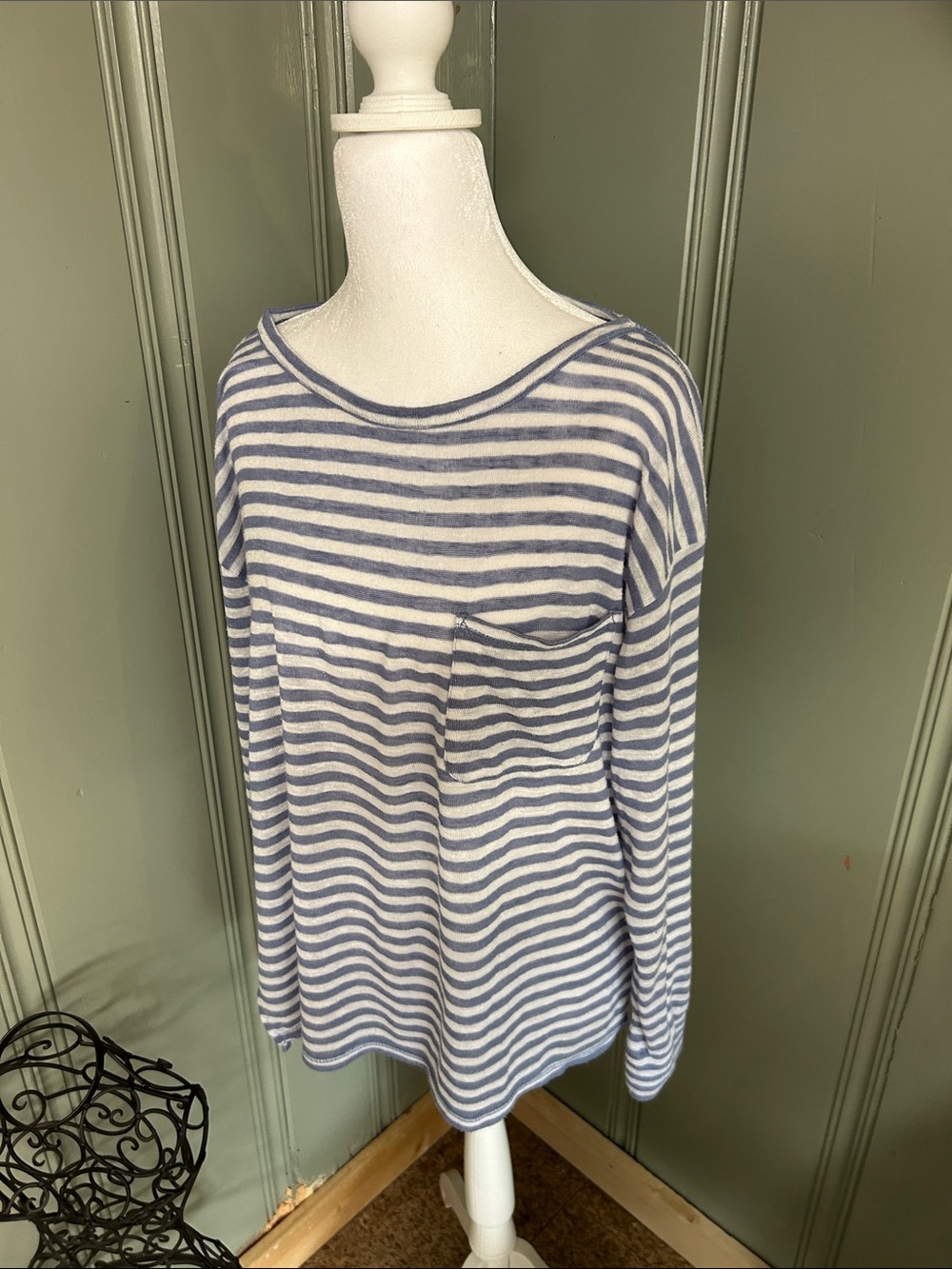 a.n.a Blue and White Striped Long Sleeve Pocket Top
